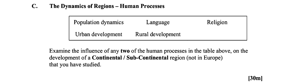 The-Dynamics-of-Regions-–-Human-Processes--Population-dynamics-Language-Religion-Urban-development-Rural-development--Examine-the-influence-of-any-two-of-the-human-processes-in-the-table-above,-on-the-development-of-a-Continental-/-Sub-Continental-region-(not-in-Europe)-that-you-have-studied.-Leaving Cert Geography-Question C.-2015.png
