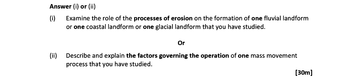 Examine-the-role-of-the-processes-of-erosion-on-the-formation-of-one-fluvial-landform-or-one-coastal-landform-or-one-glacial-landform-that-you-have-studied.----Leaving Cert Geography-Question (i)-2020.png