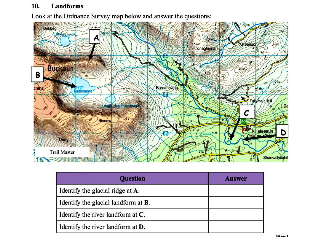 Look-at-the-Ordnance-Survey-map-below-and-answer-the-questions:--Identify-the-glacial-ridge-at-A-Leaving Cert Geography-Question 10-2009.png