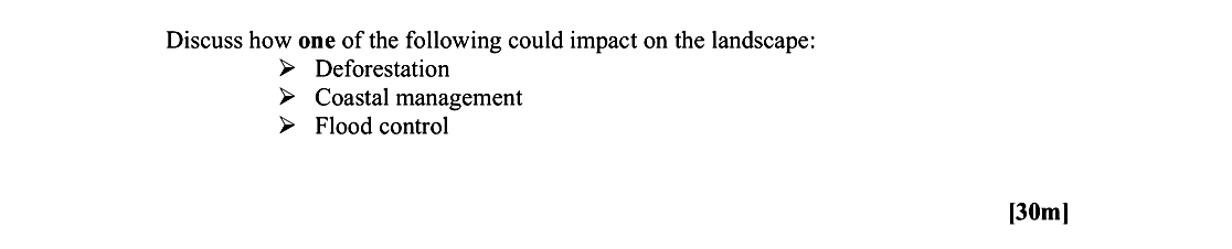 Discuss-how-one-of-the-following-could-impact-on-the-landscape:---Deforestation---Coastal-management---Flood-control-Leaving Cert Geography-Question 1-2007.png