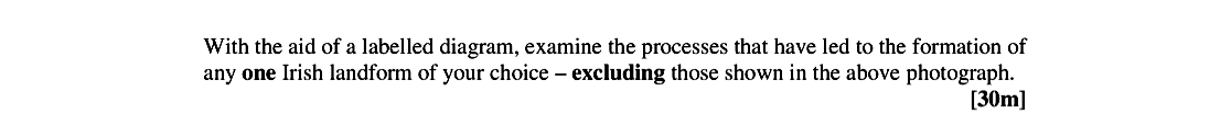 With-the-aid-of-a-labelled-diagram,-examine-the-processes-that-have-led-to-the-formation-of-any-one-Irish-landform-of-your-choice-–-excluding-those-shown-in-the-above-photograph.--Leaving Cert Geography-Question 1-2008.png