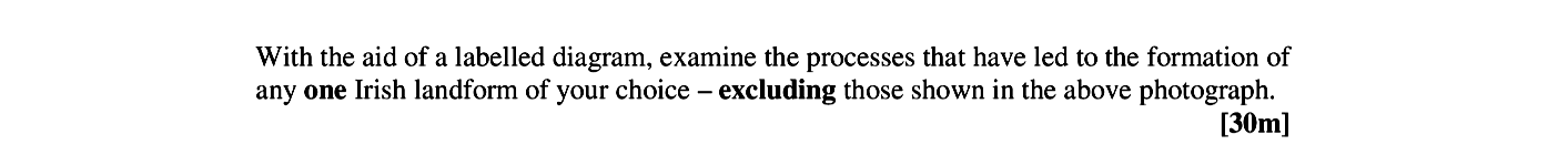 With-the-aid-of-a-labelled-diagram,-examine-the-processes-that-have-led-to-the-formation-of-any-one-Irish-landform-of-your-choice-–-excluding-those-shown-in-the-above-photograph.-Leaving Cert Geography-Question Exam Question 1-2006.png