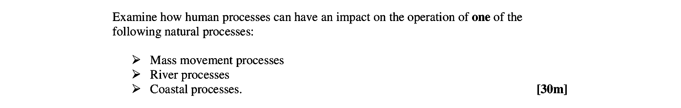 Examine-how-human-processes-can-have-an-impact-on-the-operation-of-one-of-the-following-natural-processes:----Mass-movement-processes---River-processes-Leaving Cert Geography-Question Question 1-2006.png