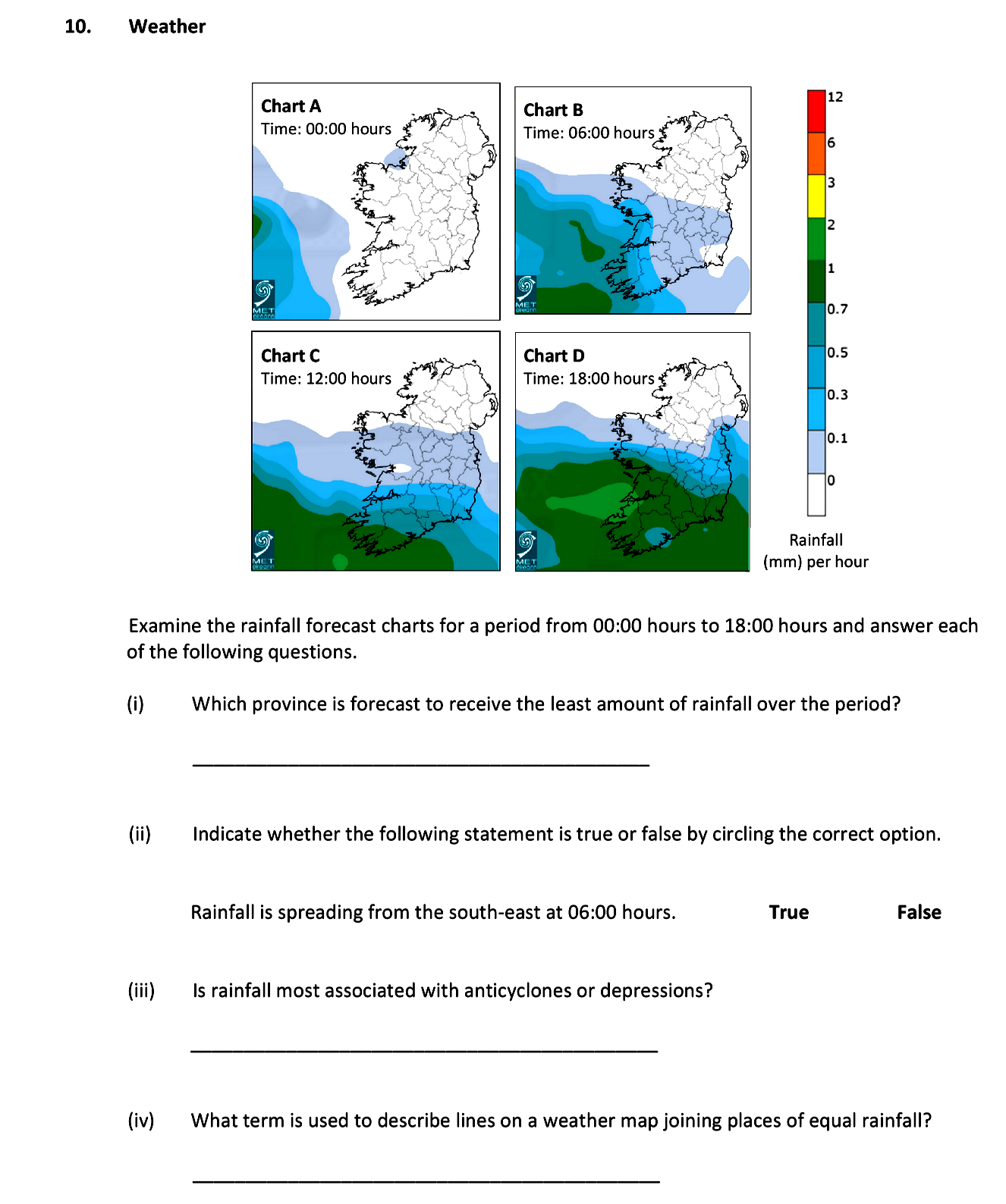 Examine-the-rainfall-forecast-charts-for-a-period-from-00:00-hours-to-18:00-hours-and-answer-each-of-the-following-questions-Leaving Cert Geography-Question 10-2017.png