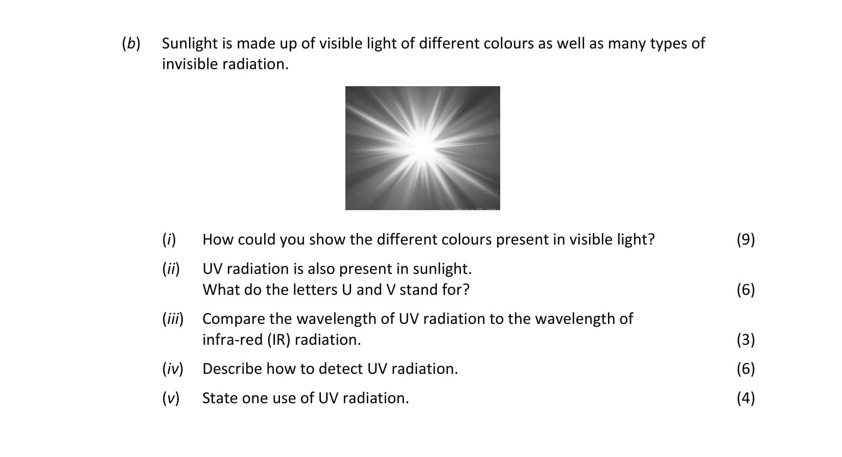Sunlight-is-made-up-of-visible-light-of-different-colours-as-well-as-many-types-of-invisible-radiation-Leaving Cert Physics-Question b-2018.png