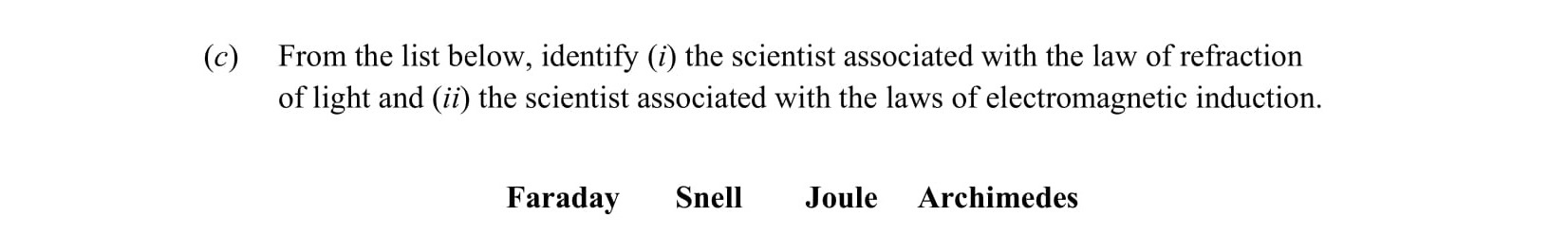 From-the-list-below,-identify-(i)-the-scientist-associated-with-the-law-of-refraction-of-light-and-(ii)-the-scientist-associated-with-the-laws-of-electromagnetic-induction-Leaving Cert Physics-Question c-2015.png