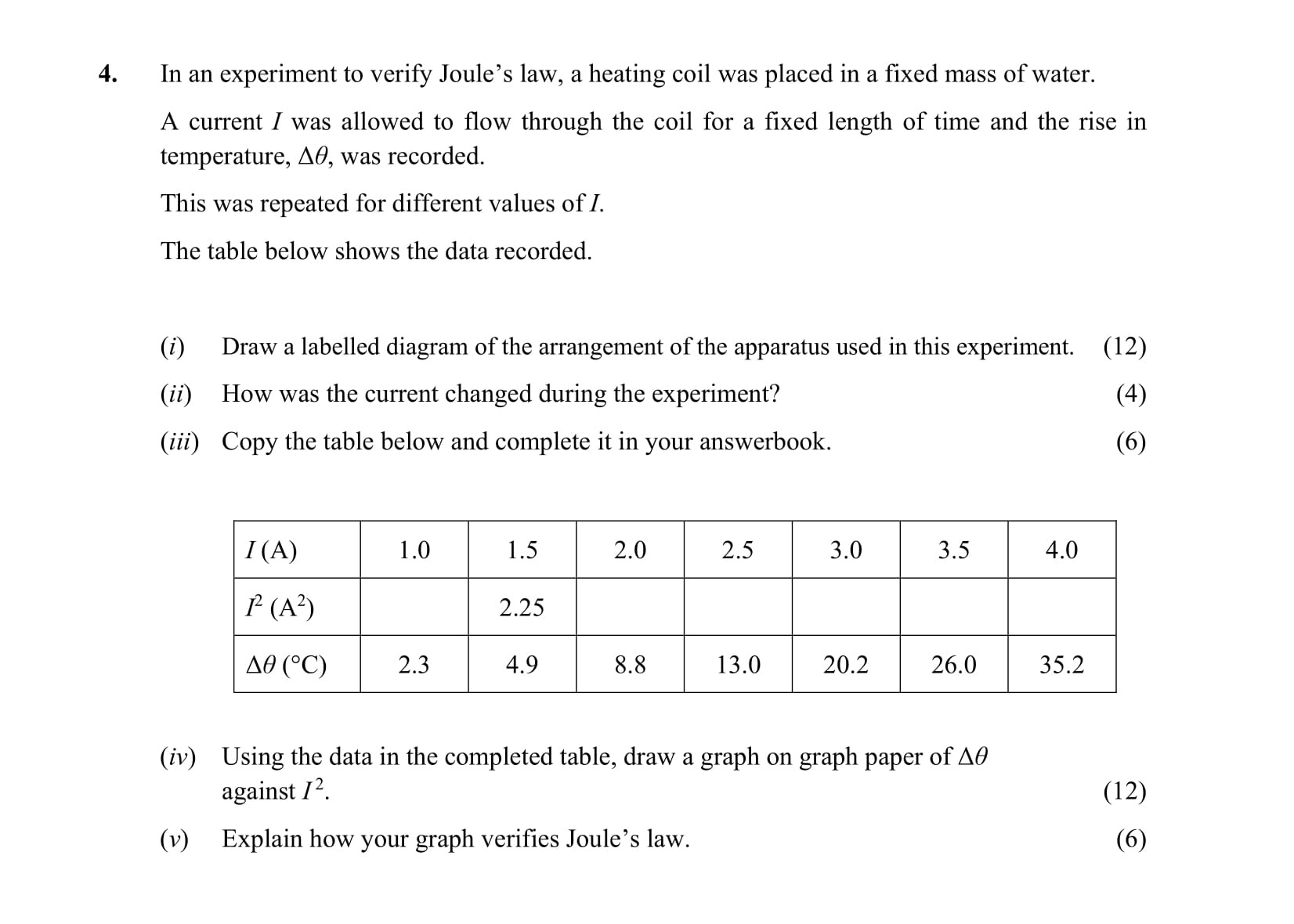 In-an-experiment-to-verify-Joule's-law,-a-heating-coil-was-placed-in-a-fixed-mass-of-water-Leaving Cert Physics-Question 4-2016.png