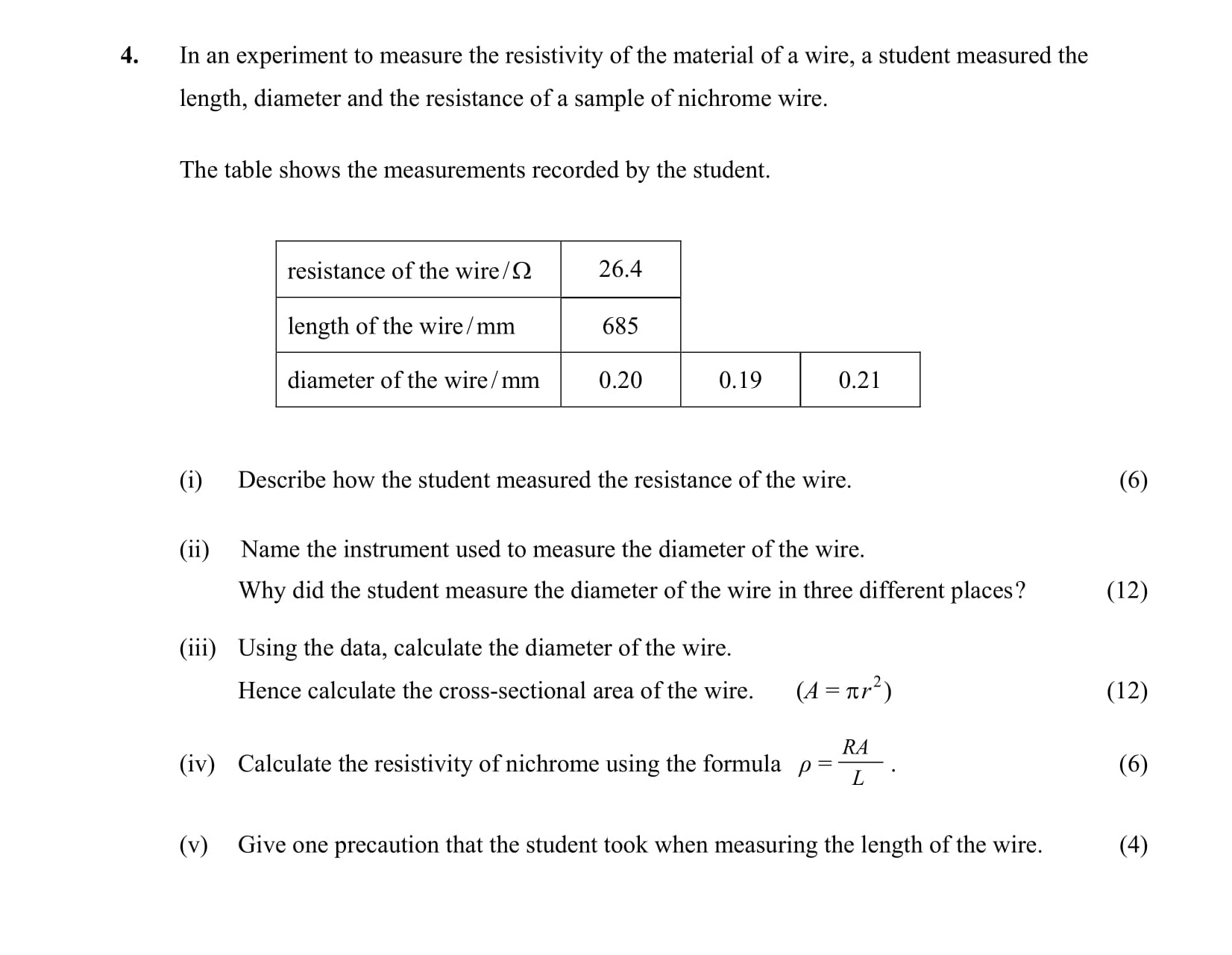 In-an-experiment-to-measure-the-resistivity-of-the-material-of-a-wire,-a-student-measured-the-length,-diameter-and-the-resistance-of-a-sample-of-nichrome-wire-Leaving Cert Physics-Question 4-2005.png