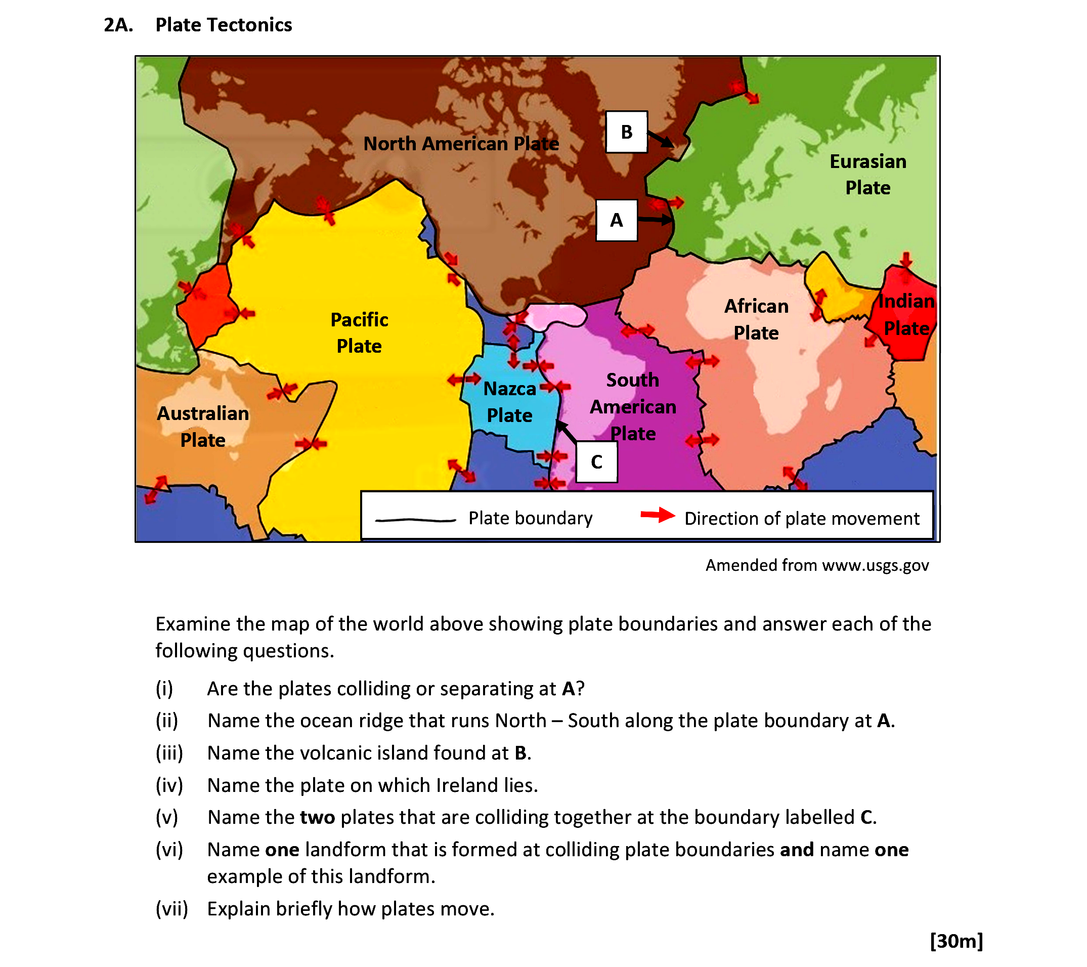 Examine-the-map-of-the-world-above-showing-plate-boundaries-and-answer-each-of-the-following-questions-Leaving Cert Geography-Question 2A-2021.png