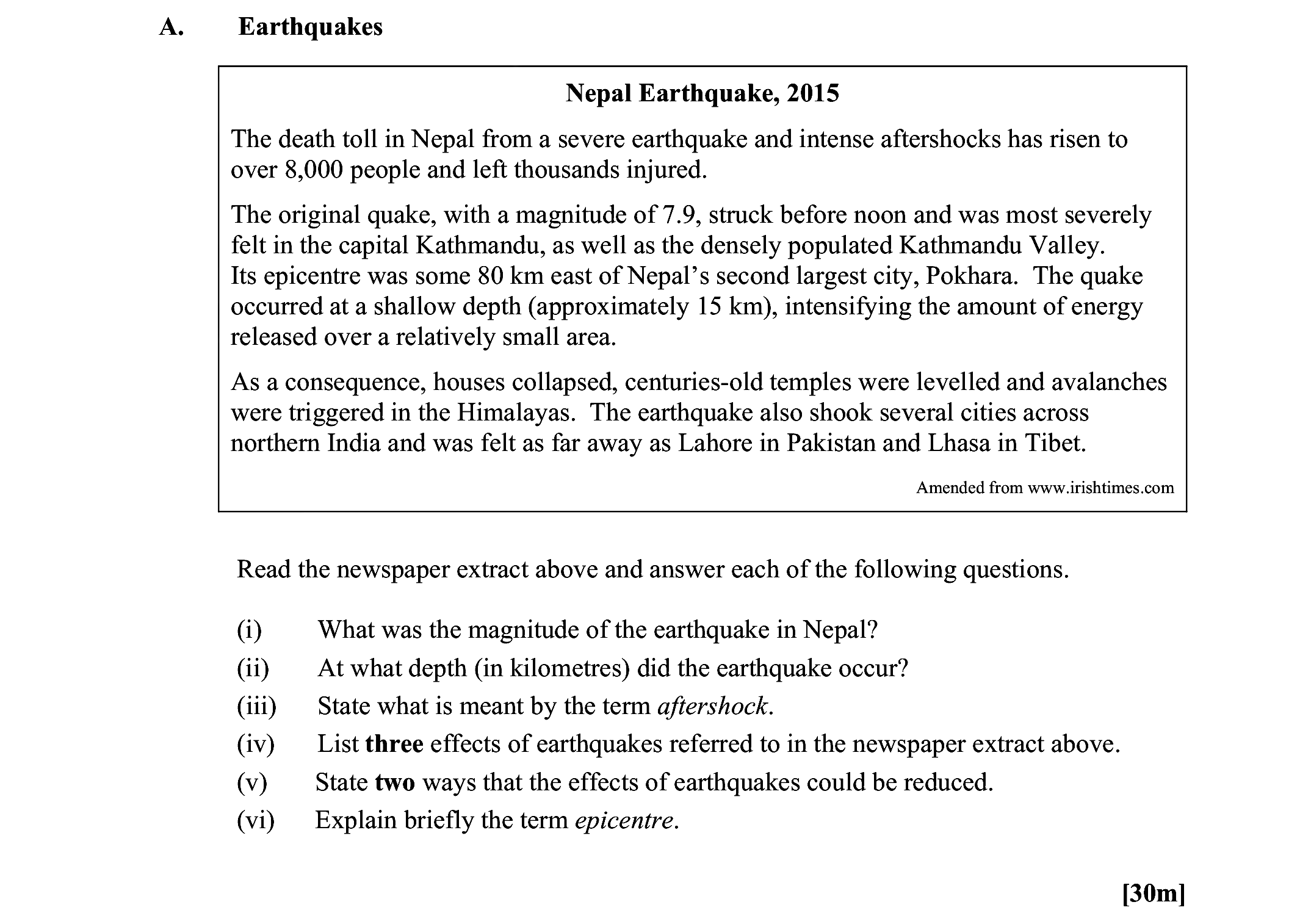 Nepal-Earthquake,-2015--The-death-toll-in-Nepal-from-a-severe-earthquake-and-intense-aftershocks-has-risen-to-over-8,000-people-and-left-thousands-injured-Leaving Cert Geography-Question A-2016.png
