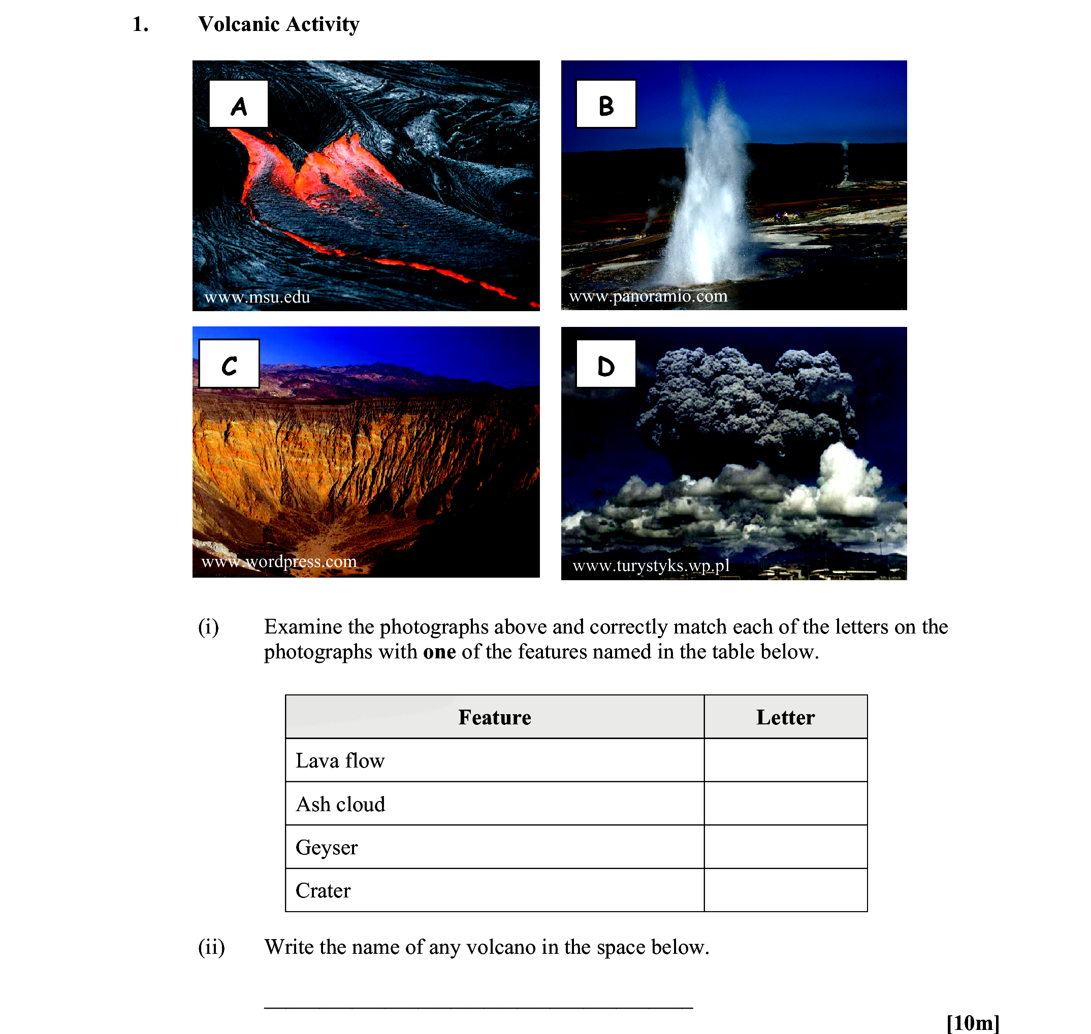 Examine-the-photographs-above-and-correctly-match-each-of-the-letters-on-the-photographs-with-one-of-the-features-named-in-the-table-below-Leaving Cert Geography-Question 1-2012.png