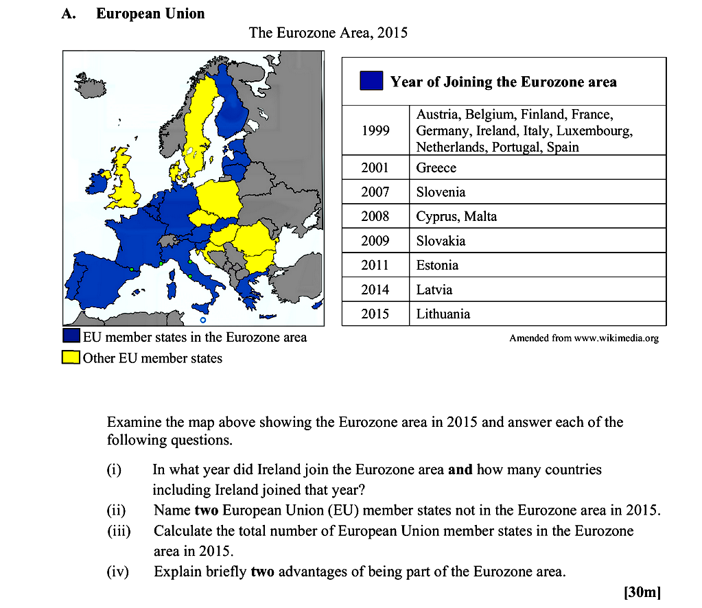 Examine-the-map-above-showing-the-Eurozone-area-in-2015-and-answer-each-of-the-following-questions-Leaving Cert Geography-Question A-2016.png