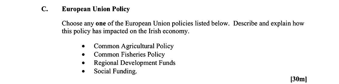 European-Union-Policy--Choose-any-one-of-the-European-Union-policies-listed-below-Leaving Cert Geography-Question C-2014.png