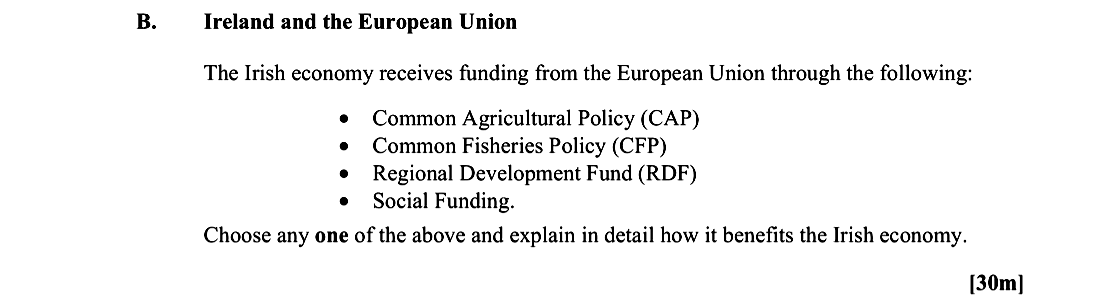 The-Irish-economy-receives-funding-from-the-European-Union-through-the-following:----Common-Agricultural-Policy-(CAP)---Common-Fisheries-Policy-(CFP)---Regional-Development-Fund-(RDF)---Social-Funding-Leaving Cert Geography-Question B-2012.png