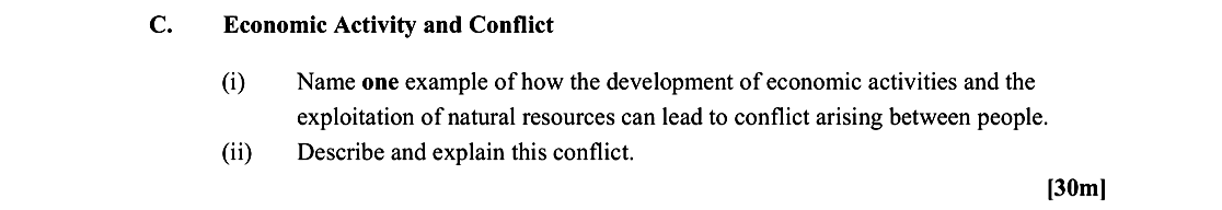 Economic-Activity-and-Conflict--(i)-Name-one-example-of-how-the-development-of-economic-activities-and-the-exploitation-of-natural-resources-can-lead-to-conflict-arising-between-people-Leaving Cert Geography-Question C-2016.png