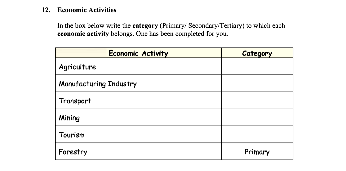 Economic-Activities--In-the-box-below-write-the-category-(Primary/-Secondary/Tertiary)-to-which-each-economic-activity-belongs-Leaving Cert Geography-Question 12-2009.png