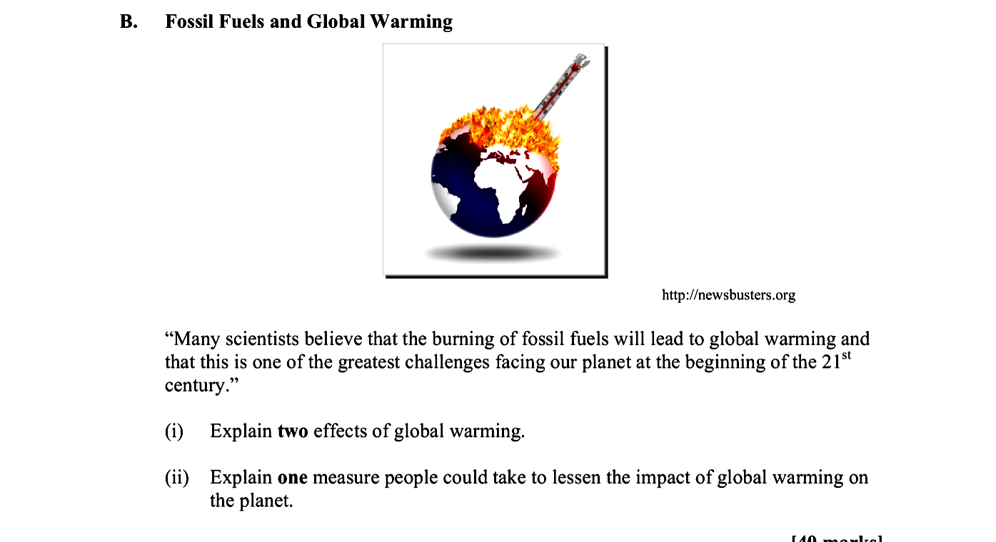 Fossil-Fuels-and-Global-Warming--“Many-scientists-believe-that-the-burning-of-fossil-fuels-will-lead-to-global-warming-and-that-this-is-one-of-the-greatest-challenges-facing-our-planet-at-the-beginning-of-the-21st-century.”--(i)-Explain-two-effects-of-global-warming-Leaving Cert Geography-Question B-2009.png