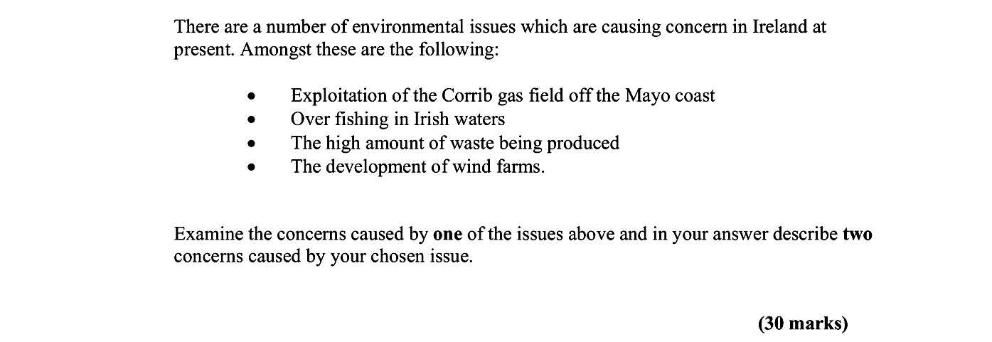 There-are-a-number-of-environmental-issues-which-are-causing-concern-in-Ireland-at-present-Leaving Cert Geography-Question 3-2007.png