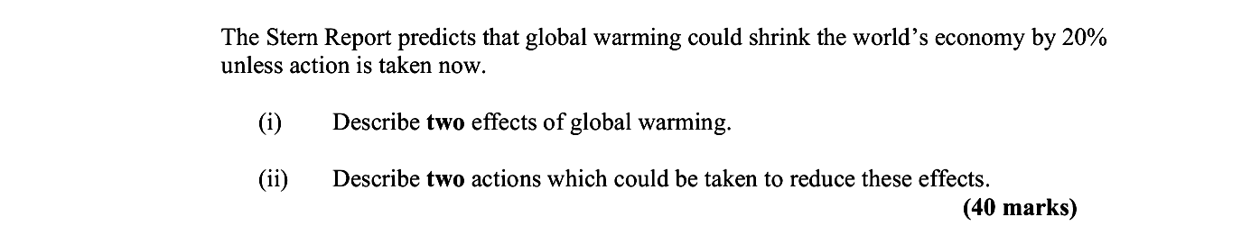 The-Stern-Report-predicts-that-global-warming-could-shrink-the-world's-economy-by-20%-unless-action-is-taken-now-Leaving Cert Geography-Question i-2007.png