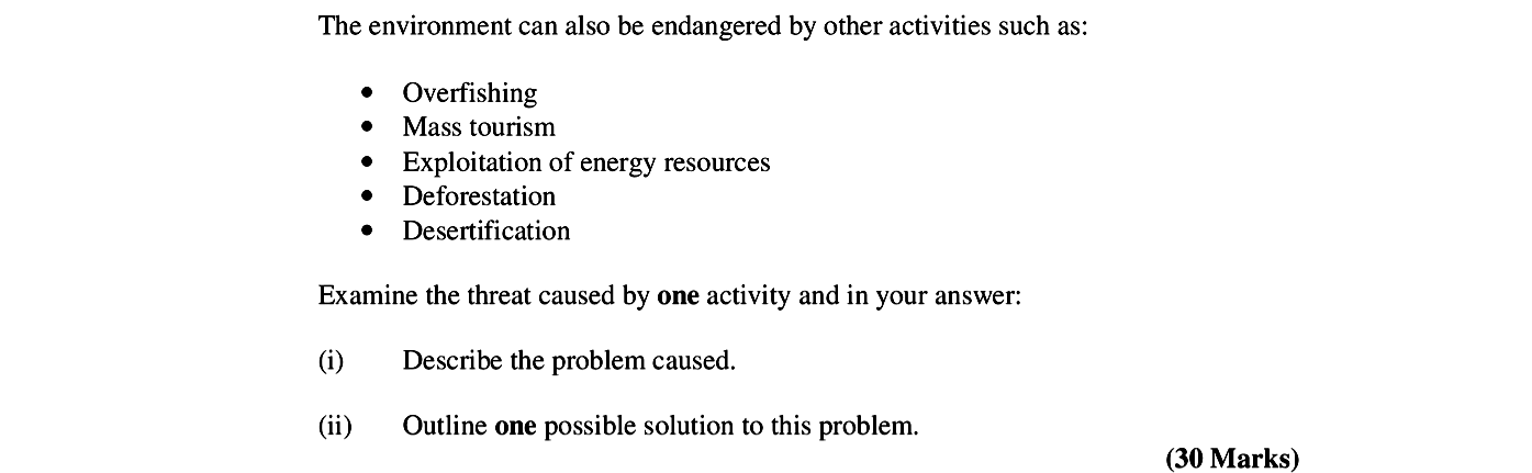 The-environment-can-also-be-endangered-by-other-activities-such-as:----Overfishing---Mass-tourism---Exploitation-of-energy-resources---Deforestation---Desertification--Examine-the-threat-caused-by-one-activity-and-in-your-answer:--(i)-Describe-the-problem-caused-Leaving Cert Geography-Question 30-2006.png