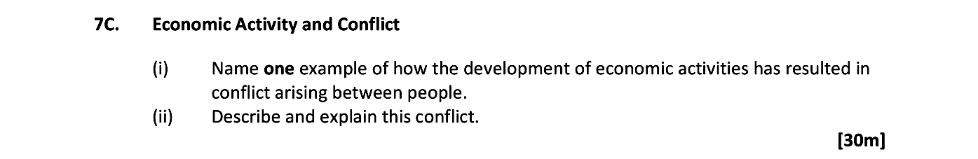 Economic-Activity-and-Conflict--(i)-Name-one-example-of-how-the-development-of-economic-activities-has-resulted-in-conflict-arising-between-people-Leaving Cert Geography-Question 7C-2018.png