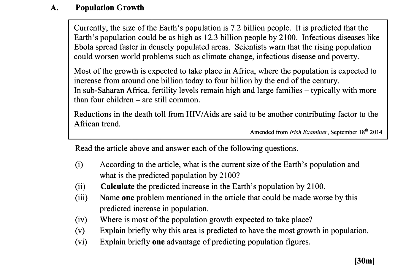 According-to-the-article,-what-is-the-current-size-of-the-Earth’s-population-and-what-is-the-predicted-population-by-2100?-Currently,-the-size-of-the-Earth’s-population-is-7.2-billion-people-Leaving Cert Geography-Question A-2015.png
