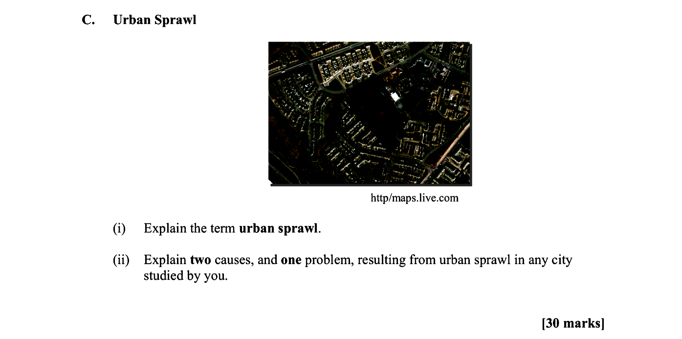 C.-Urban-Sprawl--(i)--Explain-the-term-urban-sprawl-Leaving Cert Geography-Question C-2009.png