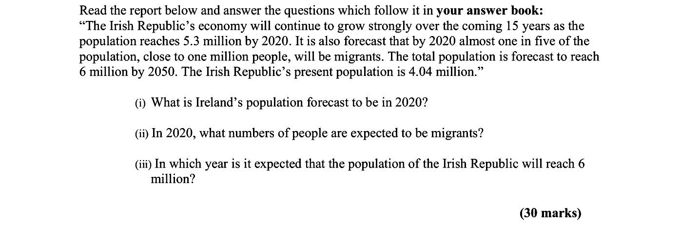Read-the-report-below-and-answer-the-questions-which-follow-it-in-your-answer-book:--"The-Irish-Republic's-economy-will-continue-to-grow-strongly-over-the-coming-15-years-as-the-population-reaches-5.3-million-by-2020-Leaving Cert Geography-Question i-2007.png
