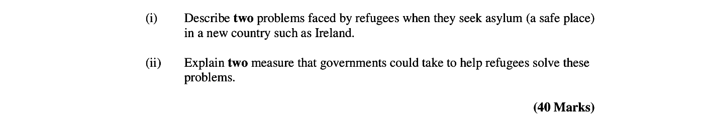 Describe-two-problems-faced-by-refugees-when-they-seek-asylum-(a-safe-place)-in-a-new-country-such-as-Ireland-Leaving Cert Geography-Question i-2006.png