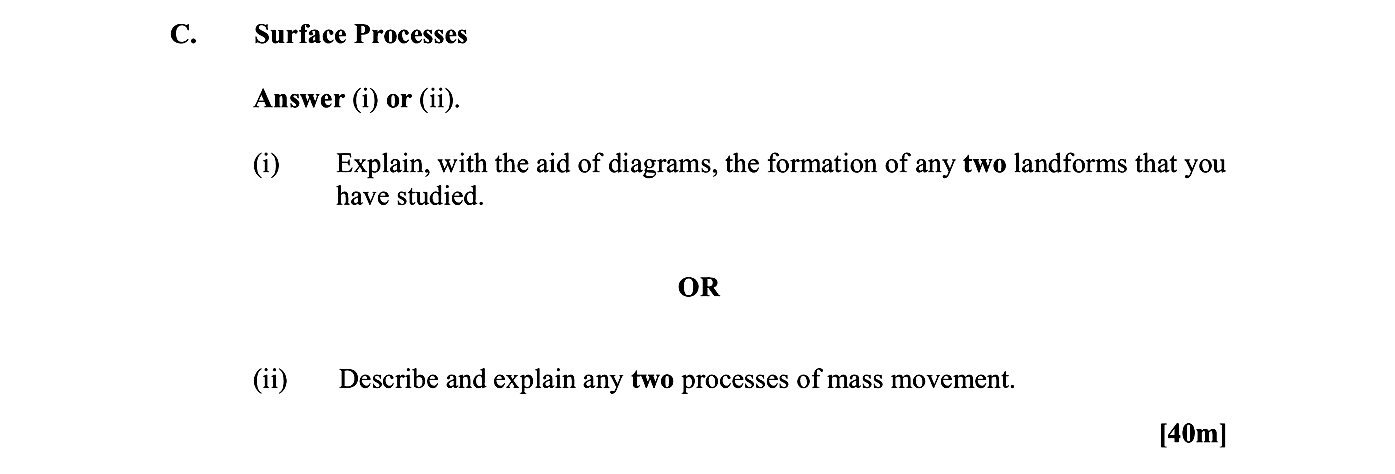Explain,-with-the-aid-of-diagrams,-the-formation-of-any-two-landforms-that-you-have-studied-Leaving Cert Geography-Question C-2019.png