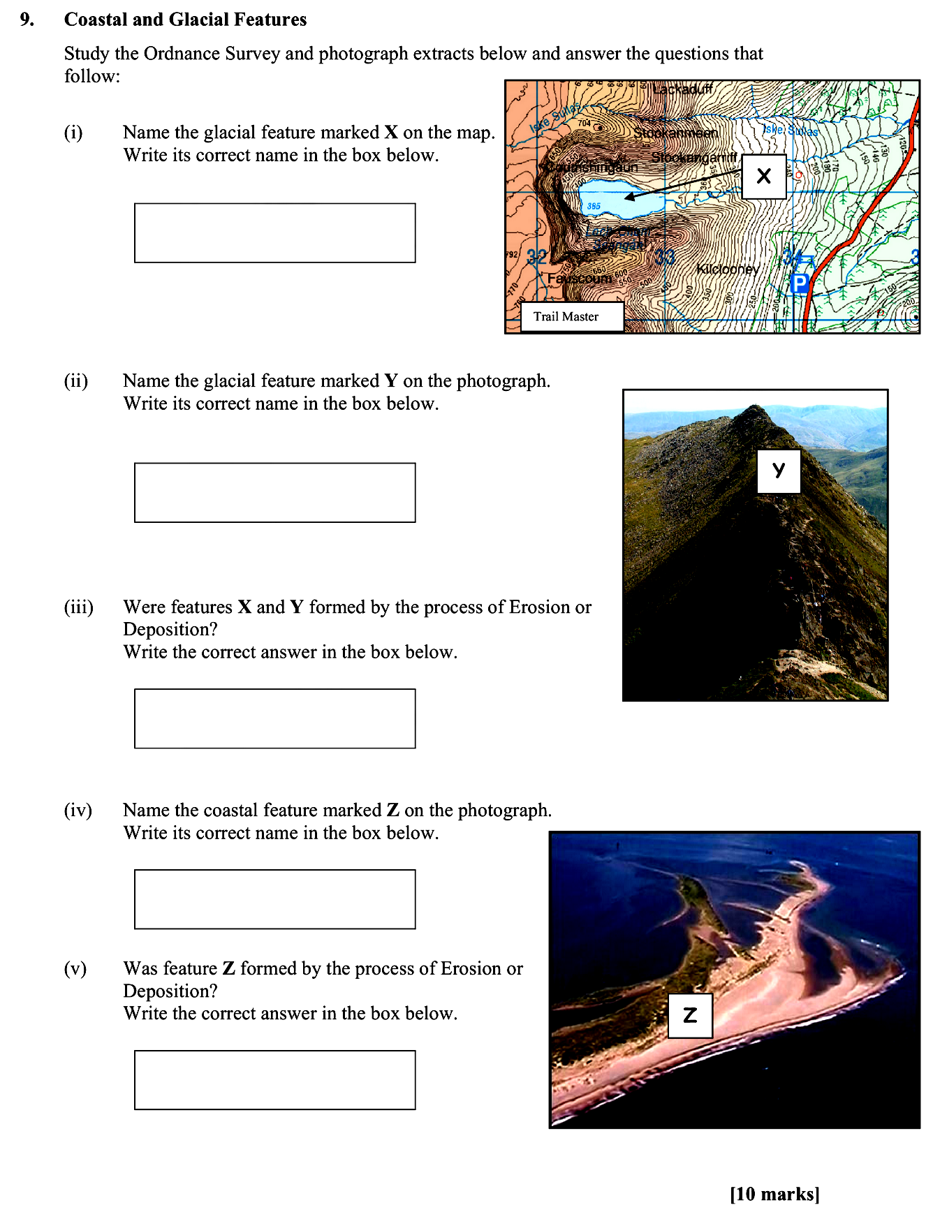 Coastal-and-Glacial-Features--Study-the-Ordnance-Survey-and-photograph-extracts-below-and-answer-the-questions-that-follow:--(i)-Name-the-glacial-feature-marked-X-on-the-map-Leaving Cert Geography-Question 9-2010.png