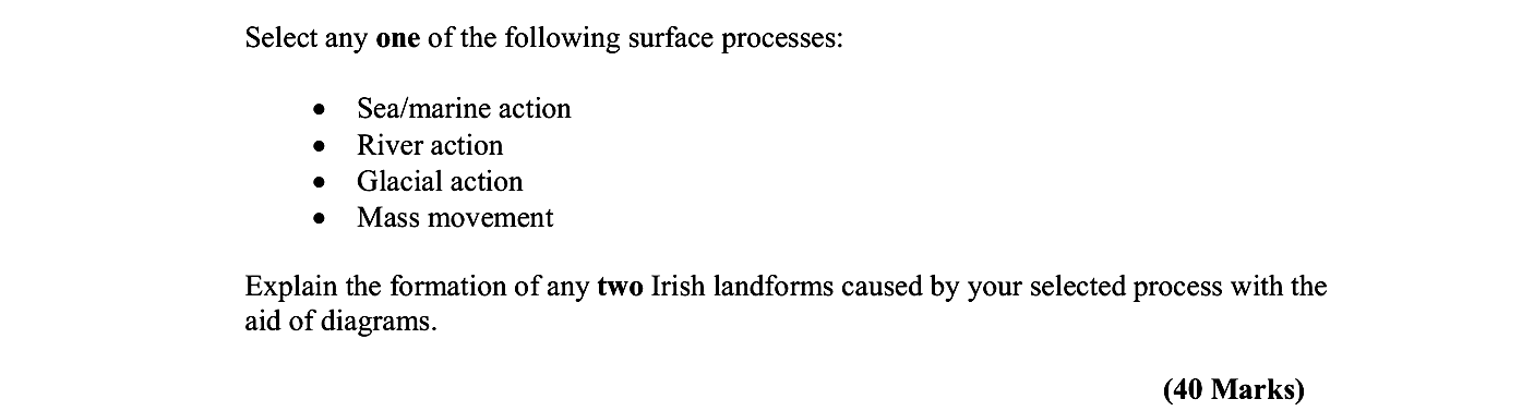 Select-any-one-of-the-following-surface-processes:----Sea/marine-action---River-action---Glacial-action---Mass-movement--Explain-the-formation-of-any-two-Irish-landforms-caused-by-your-selected-process-with-the-aid-of-diagrams.-Leaving Cert Geography-Question 1-2007.png