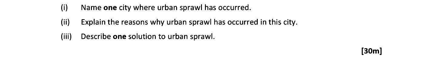 (i)-Name-one-city-where-urban-sprawl-has-occurred-Leaving Cert Geography-Question 12B-2020.png