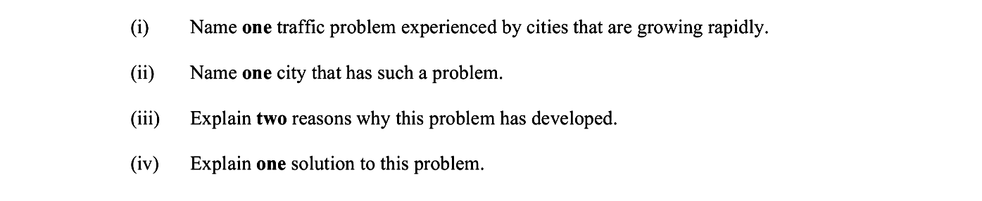 Name-one-traffic-problem-experienced-by-cities-that-are-growing-rapidly-Leaving Cert Geography-Question ii-2011.png
