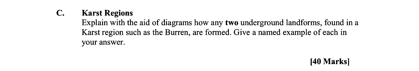 Karst-Regions--Explain-with-the-aid-of-diagrams-how-any-two-underground-landforms,-found-in-a-Karst-region-such-as-the-Burren,-are-formed-Leaving Cert Geography-Question C-2008.png