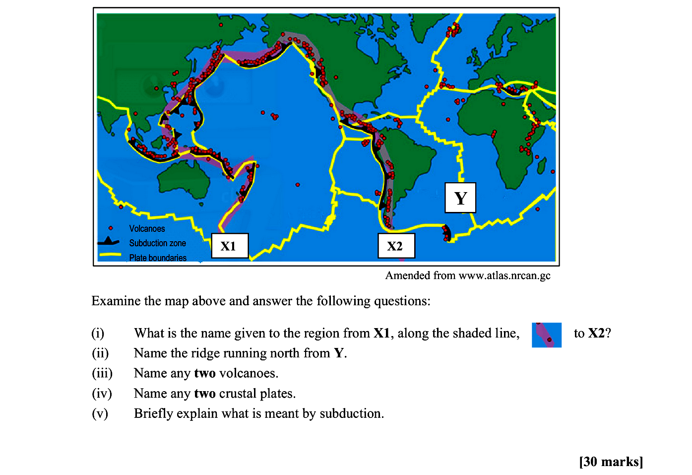 Examine-the-map-above-and-answer-the-following-questions:--(i)-What-is-the-name-given-to-the-region-from-X1,-along-the-shaded-line,-to-X2?-(ii)-Name-the-ridge-running-north-from-Y-Leaving Cert Geography-Question Question 1-2011.png