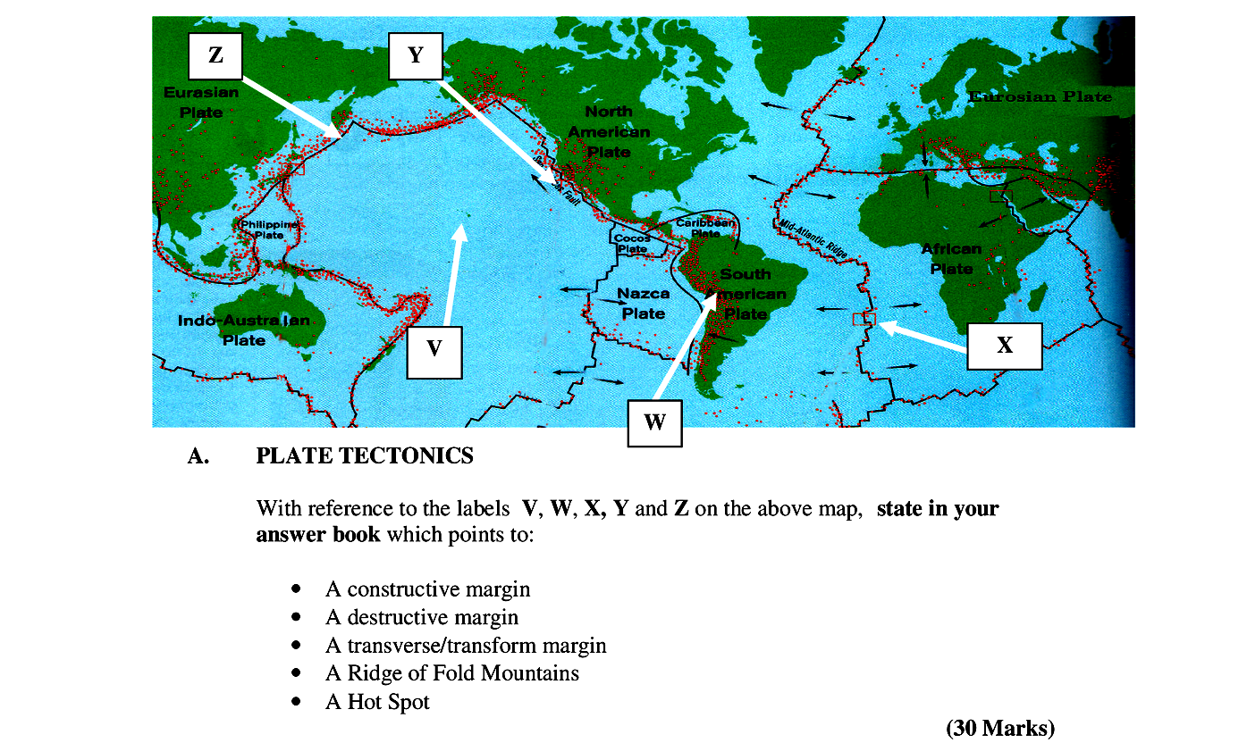 With-reference-to-the-labels-V,-W,-X,-Y-and-Z-on-the-above-map,-state-in-your-answer-book-which-points-to:----A-constructive-margin---A-destructive-margin---A-transverse/transform-margin---A-Ridge-of-Fold-Mountains---A-Hot-Spot-Leaving Cert Geography-Question A-2006.png