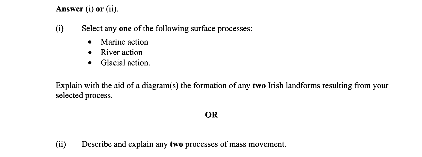 (i)-Select-any-one-of-the-following-surface-processes:--•-Marine-action-•-River-action-•-Glacial-action-Leaving Cert Geography-Question 1-2011.png