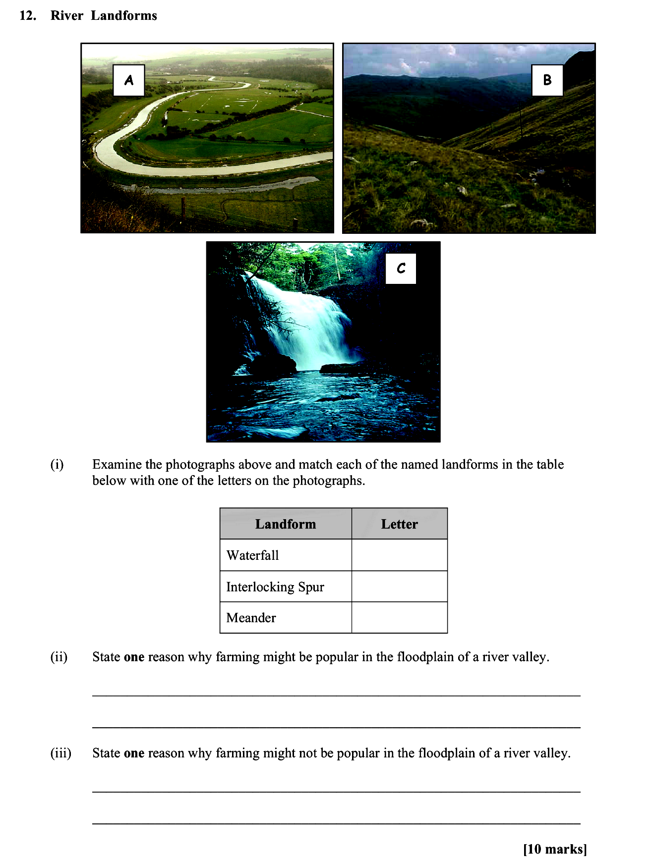 River-Landforms--(i)-Examine-the-photographs-above-and-match-each-of-the-named-landforms-in-the-table-below-with-one-of-the-letters-on-the-photographs-Leaving Cert Geography-Question 12-2010.png