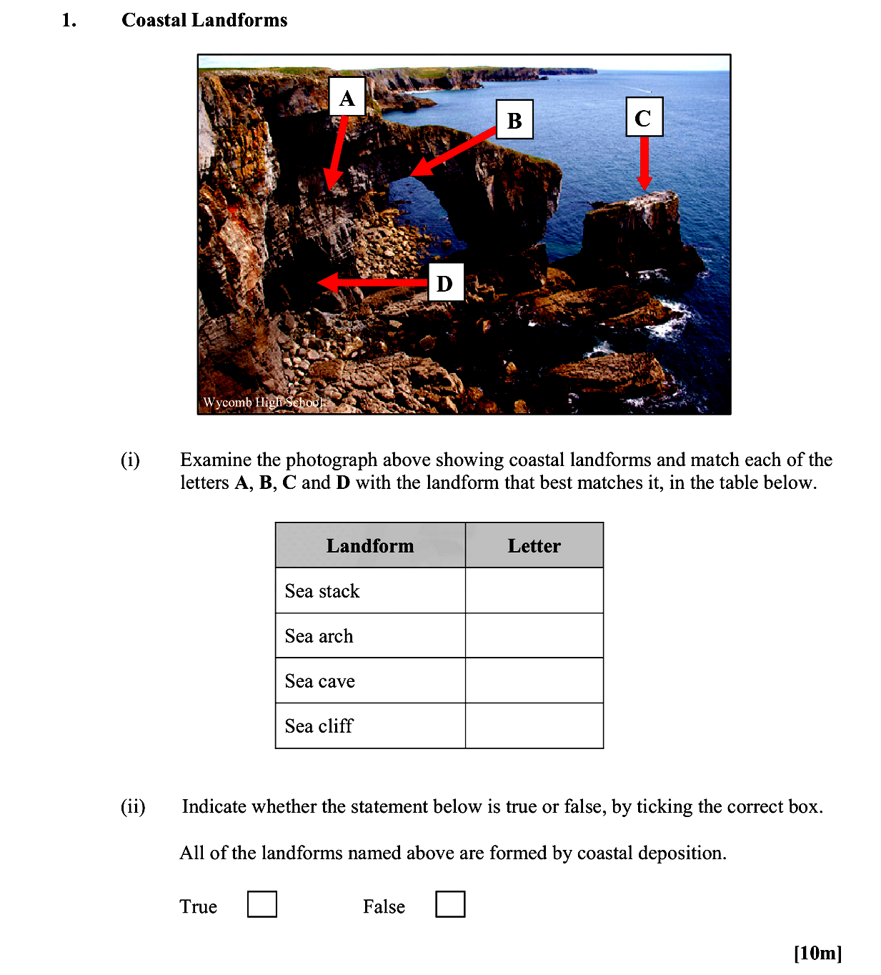 Coastal-Landforms--(i)-Examine-the-photograph-above-showing-coastal-landforms-and-match-each-of-the-letters-A,-B,-C-and-D-with-the-landform-that-best-matches-it,-in-the-table-below-Leaving Cert Geography-Question 1-2015.png