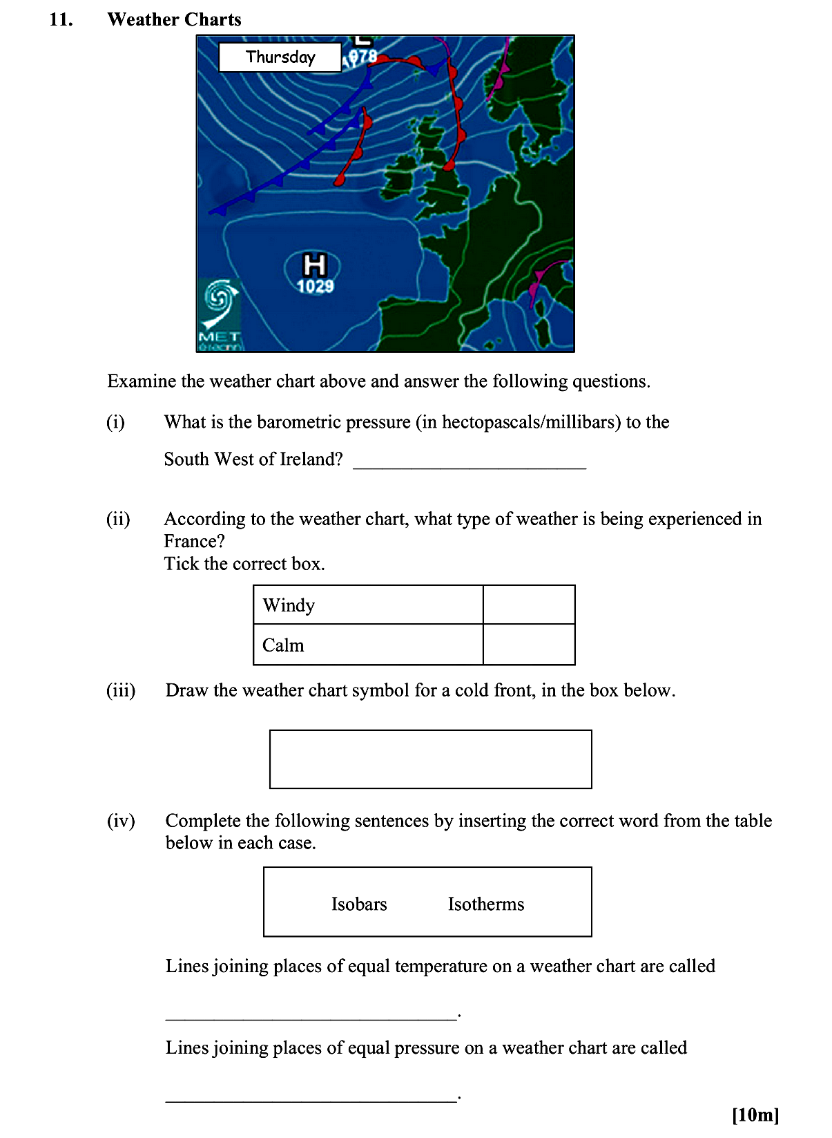 Examine-the-weather-chart-above-and-answer-the-following-questions-Leaving Cert Geography-Question 11-2013.png