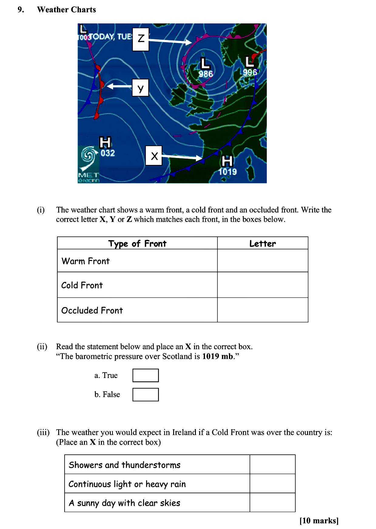 The-weather-chart-shows-a-warm-front,-a-cold-front-and-an-occluded-front-Leaving Cert Geography-Question 9-2009.png