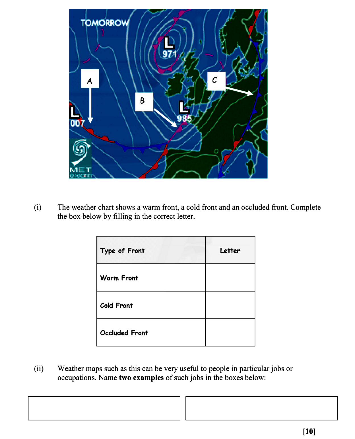 The-weather-chart-shows-a-warm-front,-a-cold-front-and-an-occluded-front-Leaving Cert Geography-Question (i)-2007.png