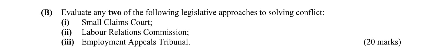 Evaluate-any-two-of-the-following-legislative-approaches-to-solving-conflict:-(i)-Small-Claims-Court;-(ii)-Labour-Relations-Commissioner;-(iii)-Employment-Appeals-Tribunal.-Leaving Cert Business-Question B-2013.png