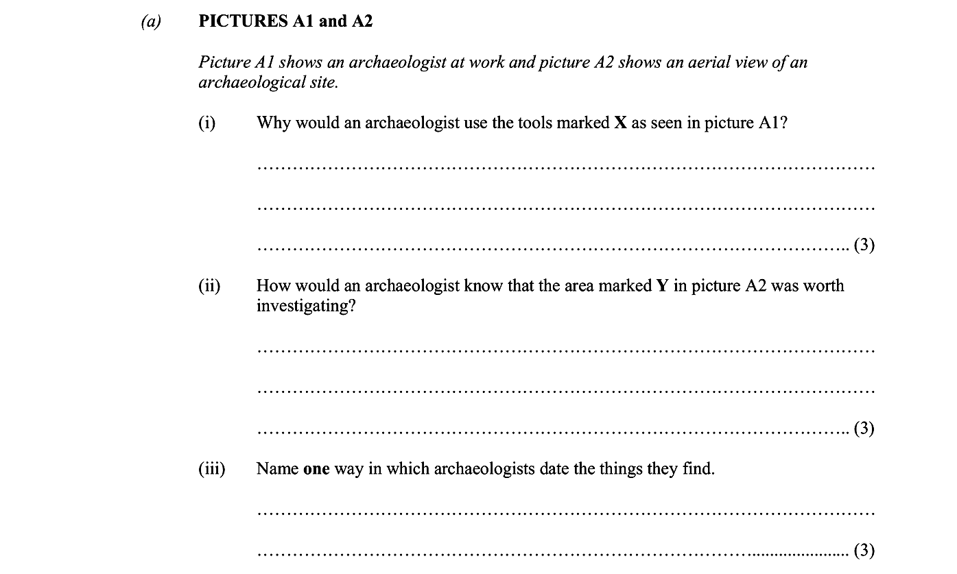 PICTURES-A1-and-A2--Picture-A1-shows-an-archaeologist-at-work-and-picture-A2-shows-an-aerial-view-of-an-archaeological-site-Junior Cycle History-Question a-2006.png