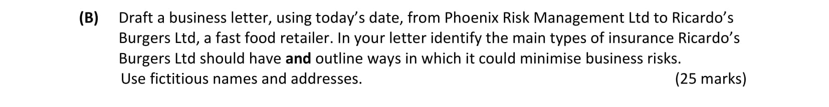 Draft-a-business-letter,-using-today's-date,-from-Phoenix-Risk-Management-Ltd-to-Ricardo's-Burgers-Ltd,-a-fast-food-retailer-Leaving Cert Business-Question 8-2018.png