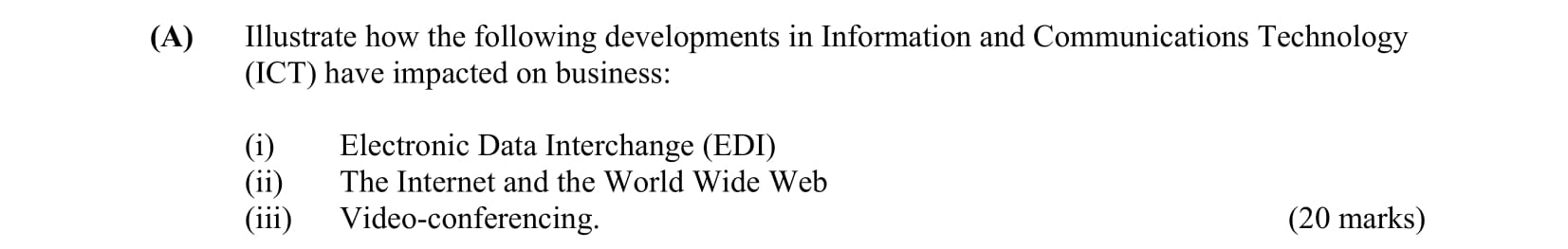 Illustrate-how-the-following-developments-in-Information-and-Communications-Technology-(ICT)-have-impacted-business:--(i)-Electronic-Data-Interchange-(EDI)--(ii)-The-Internet-and-the-World-Wide-Web--(iii)-Video-conferencing.-Leaving Cert Business-Question A-2009.png