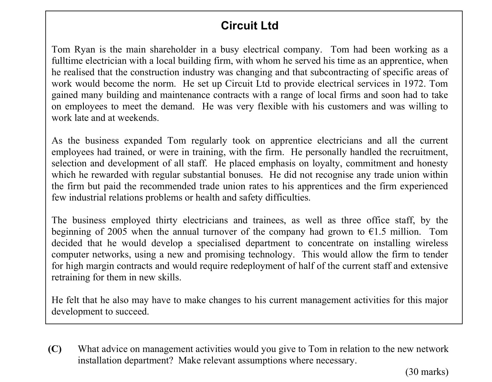 What-advice-on-management-activities-would-you-give-to-Tom-in-relation-to-the-new-network-installation-department?-Make-relevant-assumptions-where-necessary.-Leaving Cert Business-Question C-2005.png
