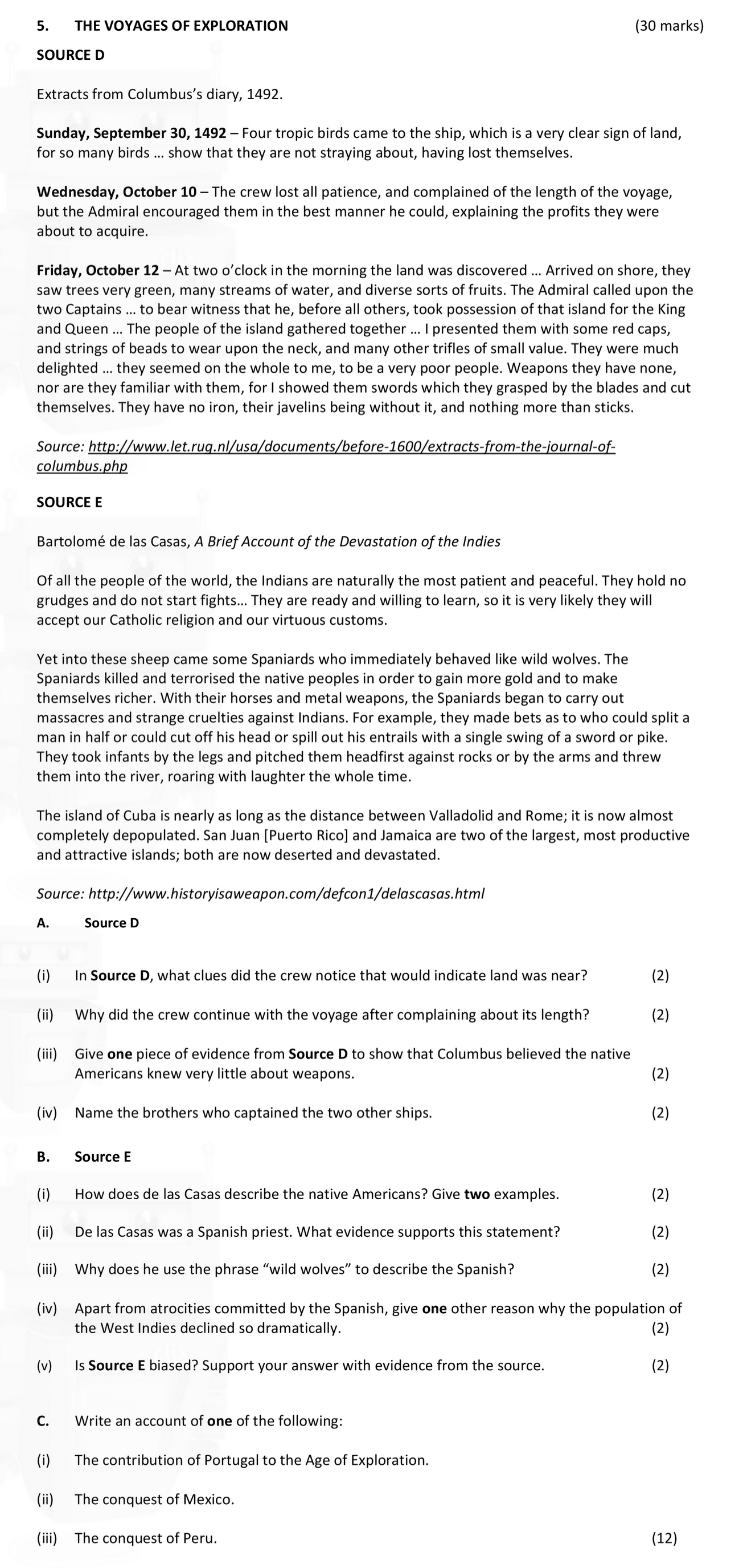 5.-THE-VOYAGES-OF-EXPLORATION--SOURCE-D--Extracts-from-Columbus's-diary,-1492-Junior Cycle History-Question 5-2019.png