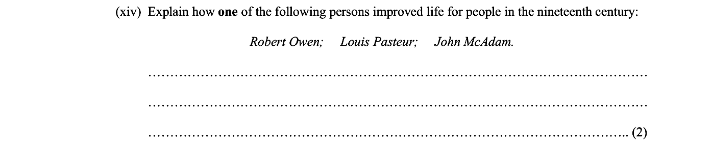 Explain-how-one-of-the-following-persons-improved-life-for-people-in-the-nineteenth-century:--Robert-Owen;-Louis-Pasteur;-John-McCladam-Junior Cycle History-Question (xiv)-2006.png